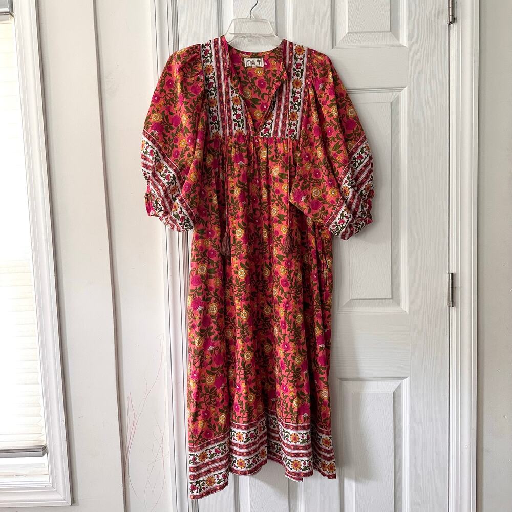 Mille Resort & Travel Passionfruit Saffron Midi Dress Orange Floral Print Medium - Picture 2 of 11